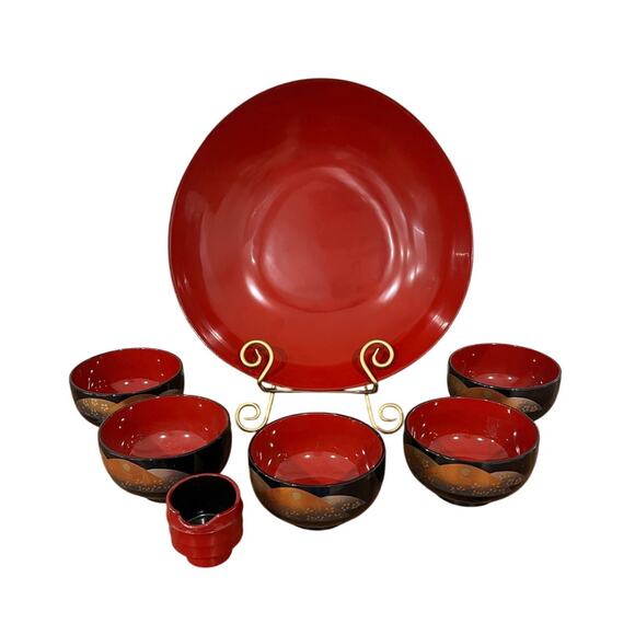 Vintage Japanese Lacquerware Bowl Set Black Red Gold, 7 Pieces - Picture 1 of 11